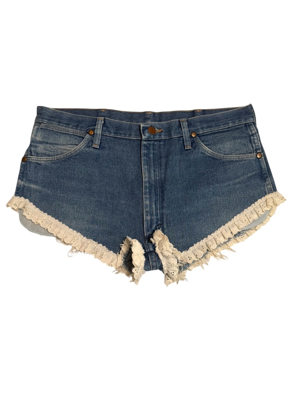 Vintage Wrangler Lace Trim Denim Cutoff Shorts Boho Coquette Festival 35 - Picture 4 of 9